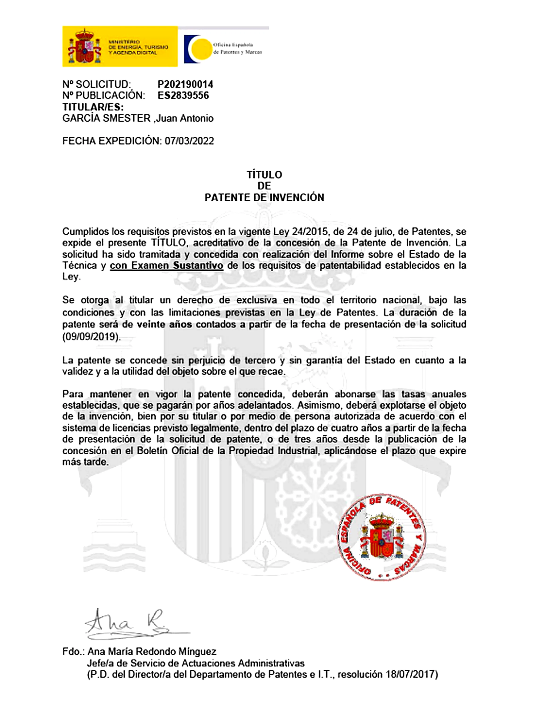 España — Oficina Española de Patentes y Marcas · Nº ES 2839556