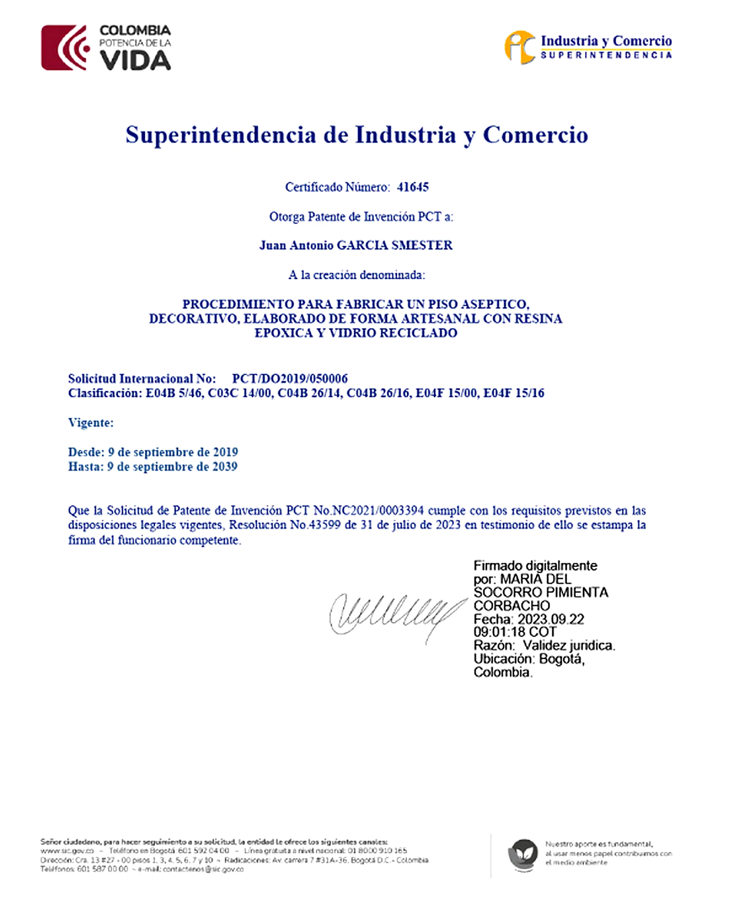 Colombia — Superintendencia de Industria y Comercio · Certificado Nº 41645